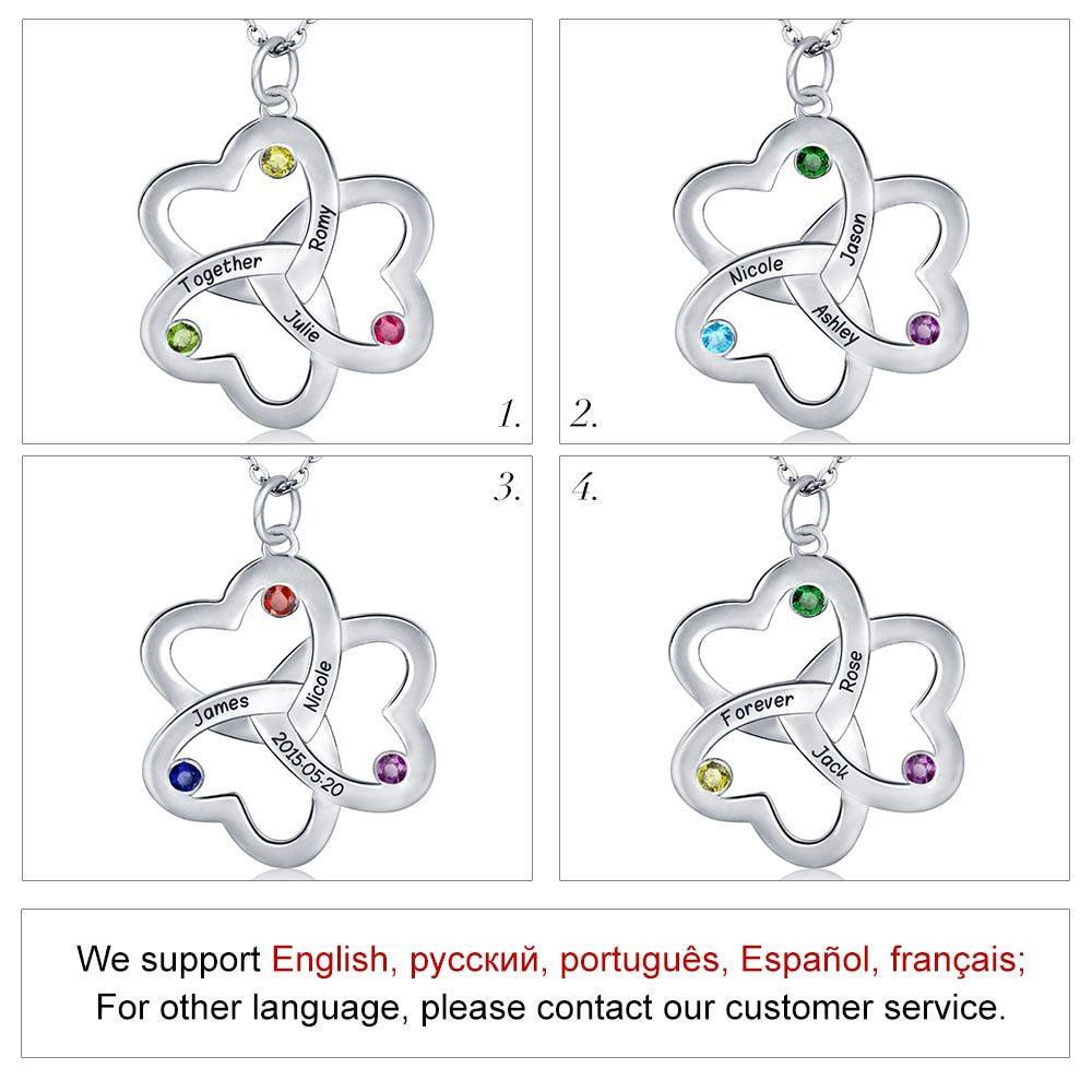 Personalized Women’s 925 Sterling Silver Name Necklace with Sweet Clover Hearts Pendant & CZ Birthstones, Trendy Fashion Jewelry for Ladies - Personalized Jewel
