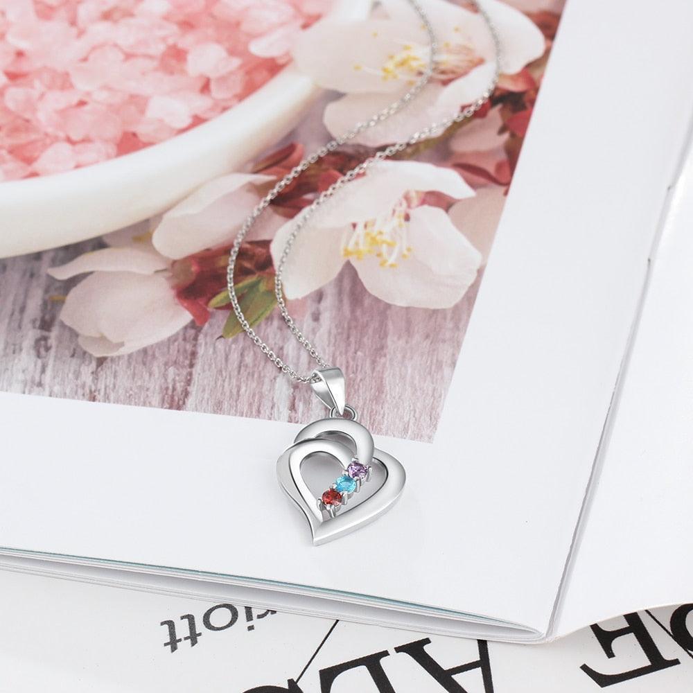 925 Sterling Silver Heart Shaped Pendant for Women, 3 Personalized Birthstones and 3 Name Engravings - Personalized Jewel