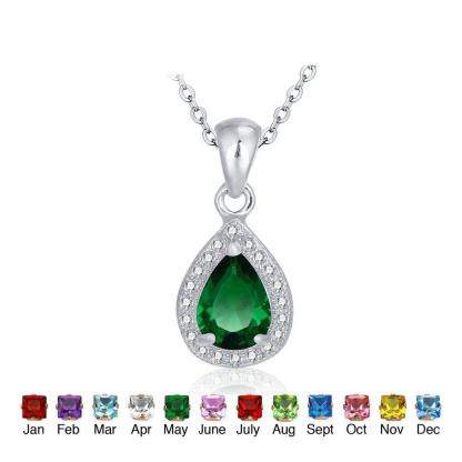 Personalized Women’s 925 Sterling Silver Necklace with Birthstone Pendant, 12 Colors Options, Trendy Water Drop Pattern Jewelry for Mom - Personalized Jewel