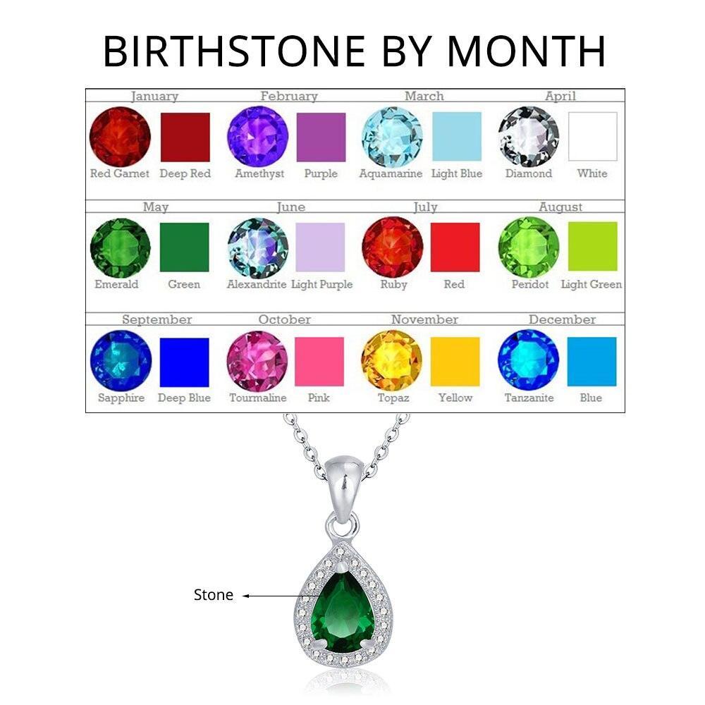 Personalized Women’s 925 Sterling Silver Necklace with Birthstone Pendant, 12 Colors Options, Trendy Water Drop Pattern Jewelry for Mom - Personalized Jewel