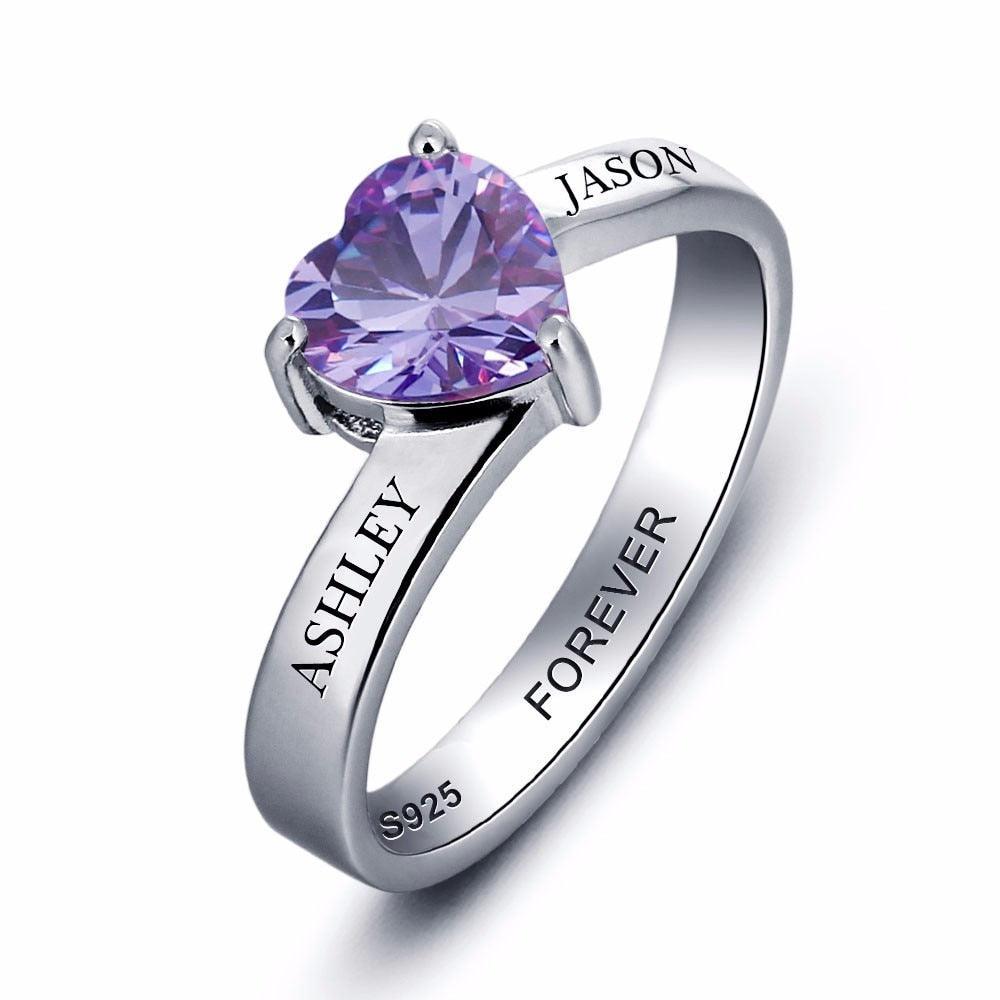 Personalized Women’s 925 Sterling Silver Ring – Heart Birthstone – Customize Couple	 Name – Best Jewelry Gift - Personalized Jewel