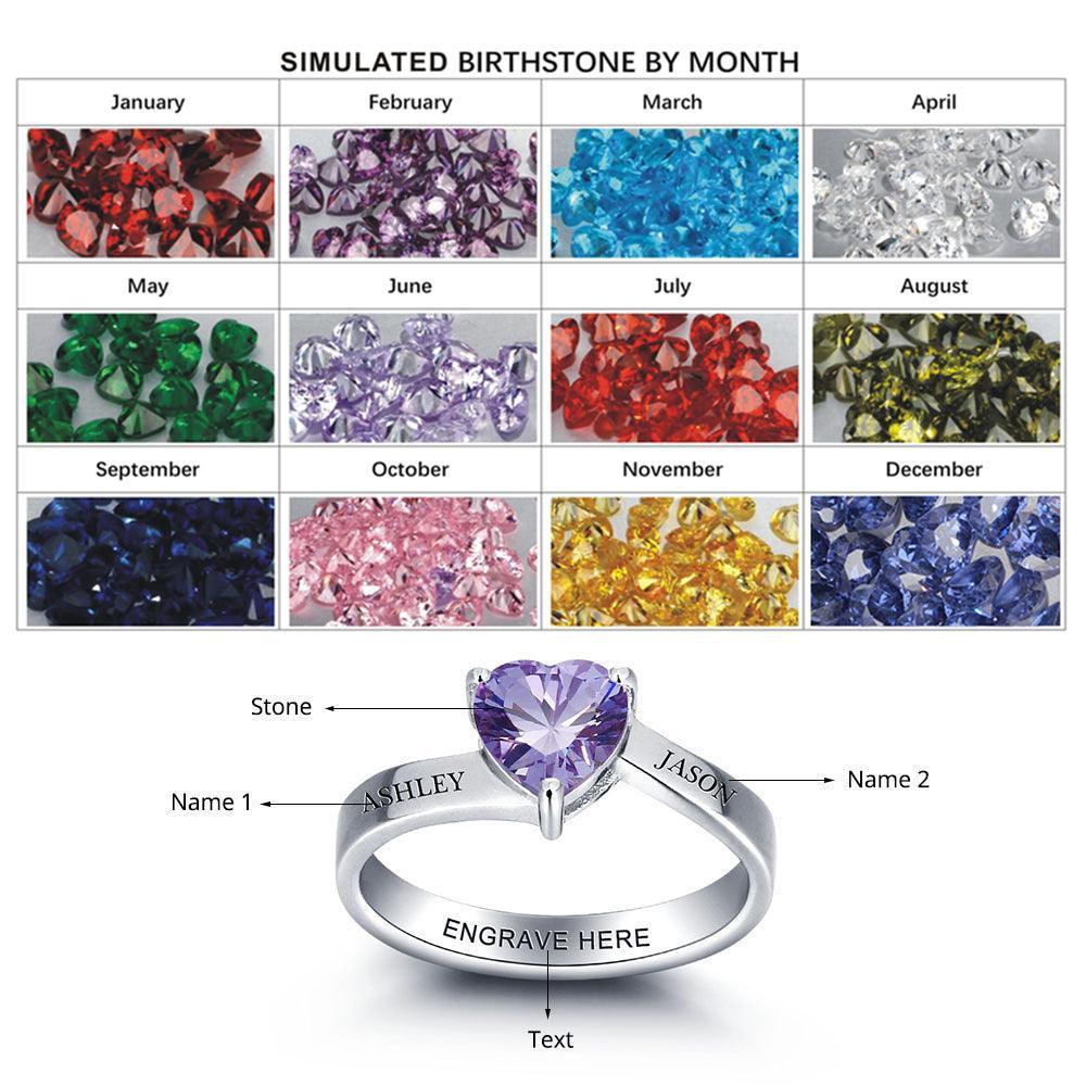 Personalized Women’s 925 Sterling Silver Ring – Heart Birthstone – Customize Couple	 Name – Best Jewelry Gift - Personalized Jewel