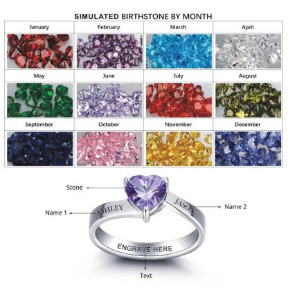 Personalized Women’s 925 Sterling Silver Ring – Heart Birthstone – Customize Couple	 Name – Best Jewelry Gift - Personalized Jewel