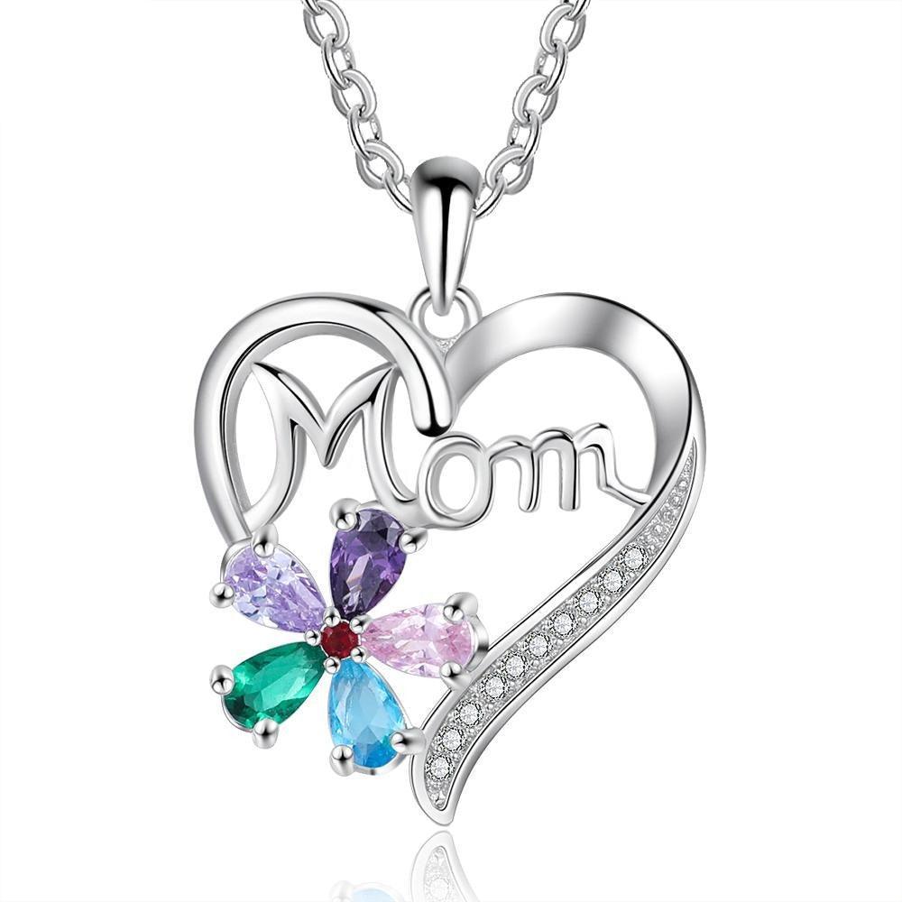 Personalized Women’s Copper Necklace with Customize Mom Heart-Shaped Flower Pendant, Add up to 5 Birthstones, Classic Fashion Jewelry for Mother - Personalized Jewel
