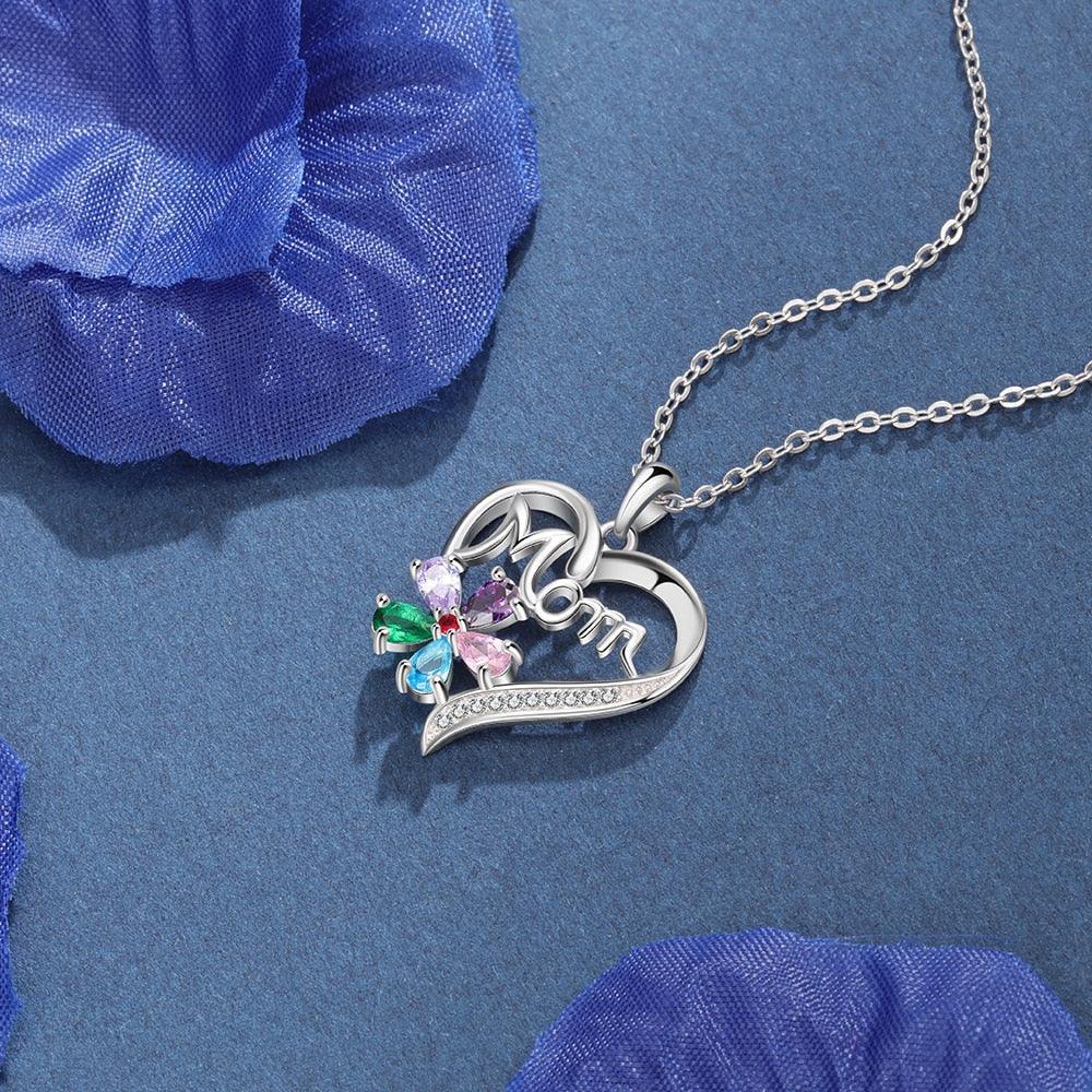 Personalized Women’s Copper Necklace with Customize Mom Heart-Shaped Flower Pendant, Add up to 5 Birthstones, Classic Fashion Jewelry for Mother - Personalized Jewel