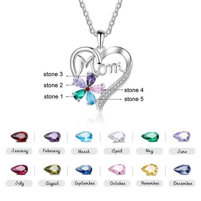 Personalized Women’s Copper Necklace with Customize Mom Heart-Shaped Flower Pendant, Add up to 5 Birthstones, Classic Fashion Jewelry for Mother - Personalized Jewel