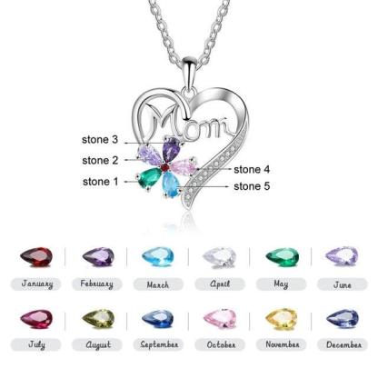 Personalized Women’s Copper Necklace with Customize Mom Heart-Shaped Flower Pendant, Add up to 5 Birthstones, Classic Fashion Jewelry for Mother - Personalized Jewel