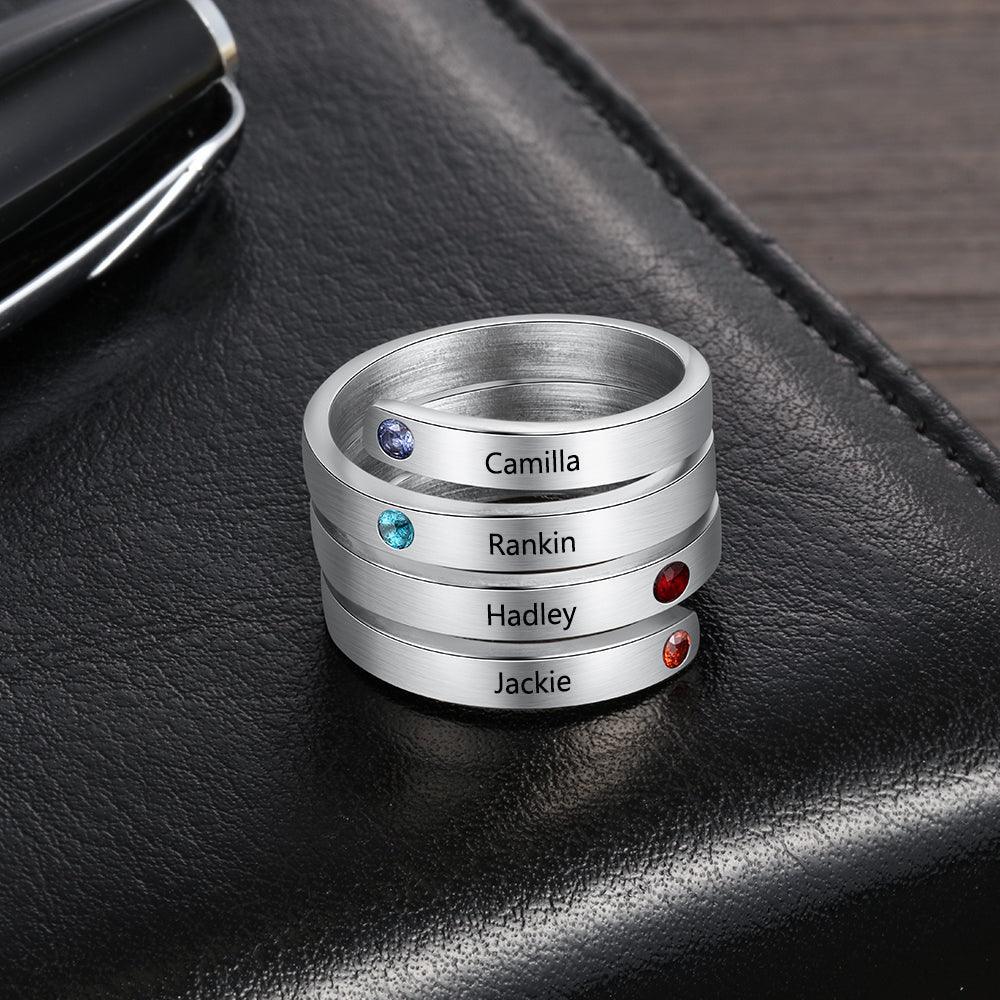 Personalized Women’s Stainless Steel Stackable Rings – Engrave Four Names – Four Custom Birthstones – Family Gift - Personalized Jewel