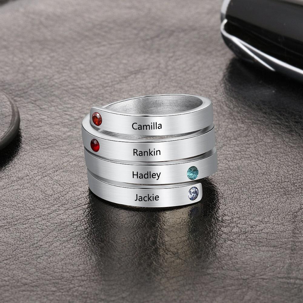Personalized Women’s Stainless Steel Stackable Rings – Engrave Four Names – Four Custom Birthstones – Family Gift - Personalized Jewel
