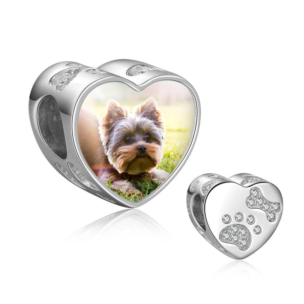 Photo Heart Beads Charm Bracelet, Personalized Pet Paw & Bone Designs with Cubic Zirconia Stones, Jewelry Gift for Women - Personalized Jewel