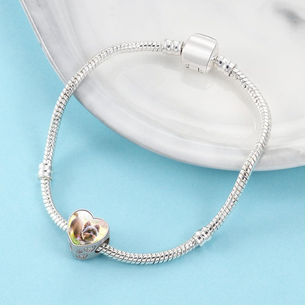 Photo Heart Beads Charm Bracelet, Personalized Pet Paw & Bone Designs with Cubic Zirconia Stones, Jewelry Gift for Women - Personalized Jewel