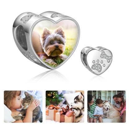 Photo Heart Beads Charm Bracelet, Personalized Pet Paw & Bone Designs with Cubic Zirconia Stones, Jewelry Gift for Women - Personalized Jewel