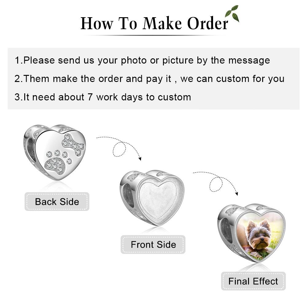 Photo Heart Beads Charm Bracelet, Personalized Pet Paw & Bone Designs with Cubic Zirconia Stones, Jewelry Gift for Women - Personalized Jewel