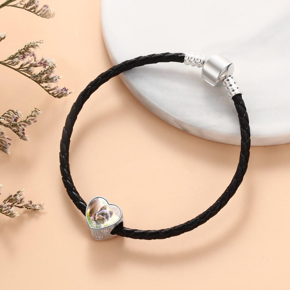 Photo Heart Beads Charm Bracelet, Personalized Pet Paw & Bone Designs with Cubic Zirconia Stones, Jewelry Gift for Women - Personalized Jewel