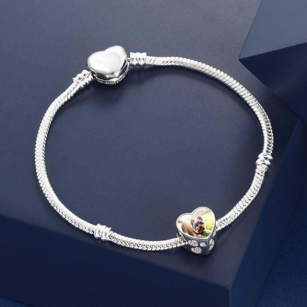 Photo Heart Beads Charm Bracelet, Personalized Pet Paw & Bone Designs with Cubic Zirconia Stones, Jewelry Gift for Women - Personalized Jewel