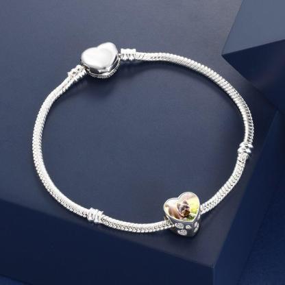 Photo Heart Beads Charm Bracelet, Personalized Pet Paw & Bone Designs with Cubic Zirconia Stones, Jewelry Gift for Women - Personalized Jewel