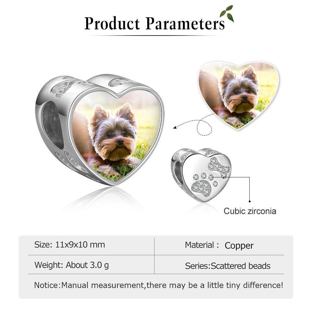 Photo Heart Beads Charm Bracelet, Personalized Pet Paw & Bone Designs with Cubic Zirconia Stones, Jewelry Gift for Women - Personalized Jewel