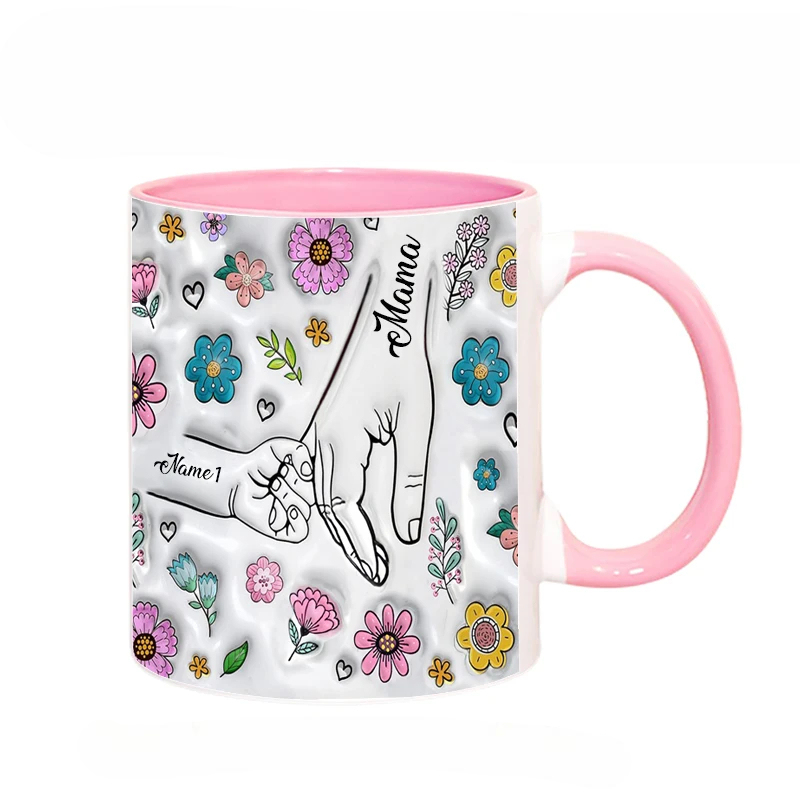 Personalized Family Name Flower Themed Mug With Holding Hands Design