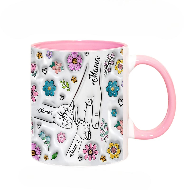 Personalized Family Name Flower Themed Mug With Holding Hands Design