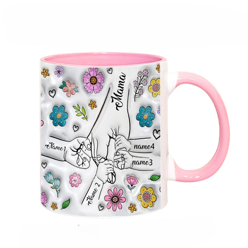 Personalized Family Name Flower Themed Mug With Holding Hands Design