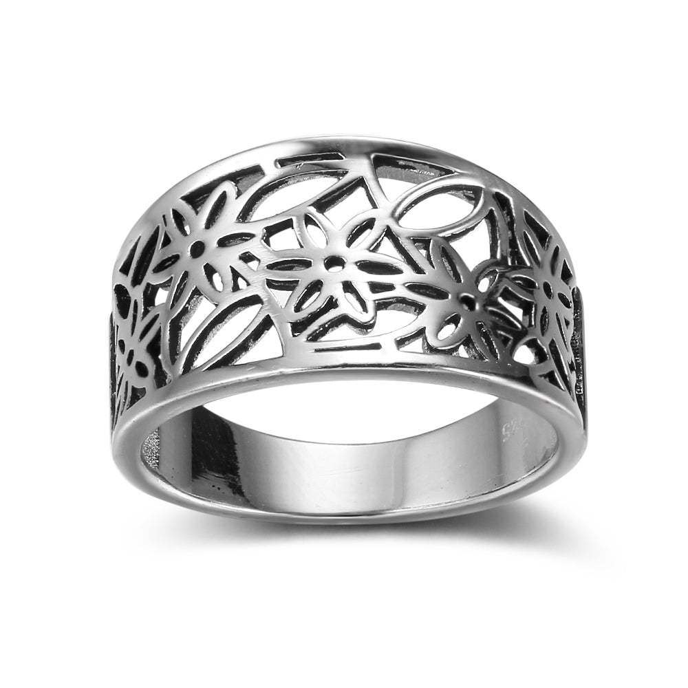 Customized Hollow Flower Pattern Silver Rings - Unique Design Silver Band - Flower Pattern Sterling Silver Band-Personalized Jewels