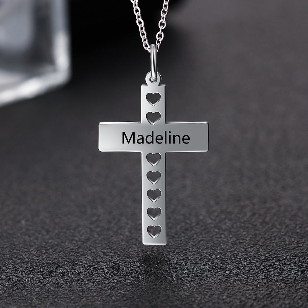 Personalized Stainless Steel Engraved Pendant Necklace - Engrave Special Note - Cross Pendant with Hollow out Heart-Personalized Jewels