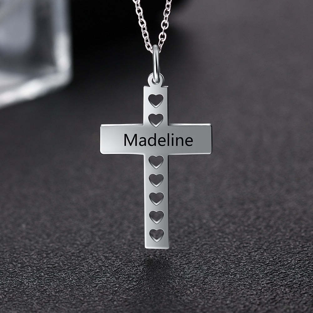 Personalized Stainless Steel Engraved Pendant Necklace - Engrave Special Note - Cross Pendant with Hollow out Heart-Personalized Jewels