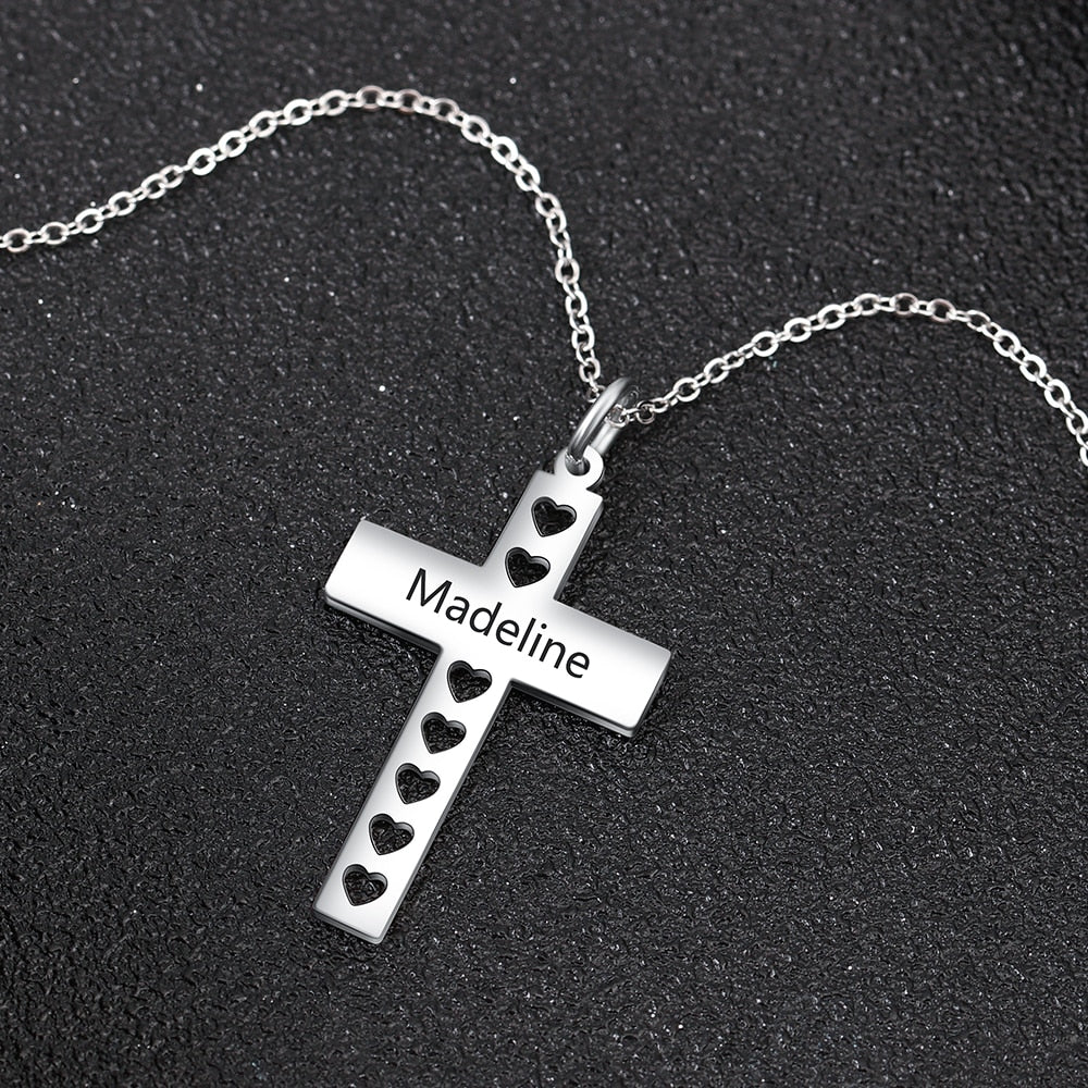Personalized Stainless Steel Engraved Pendant Necklace - Engrave Special Note - Cross Pendant with Hollow out Heart-Personalized Jewels