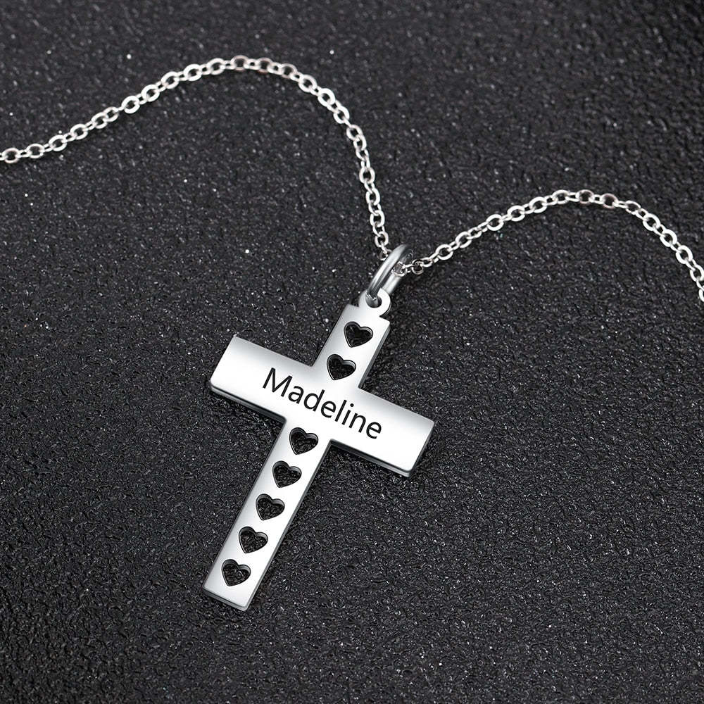 Personalized Stainless Steel Engraved Pendant Necklace - Engrave Special Note - Cross Pendant with Hollow out Heart-Personalized Jewels