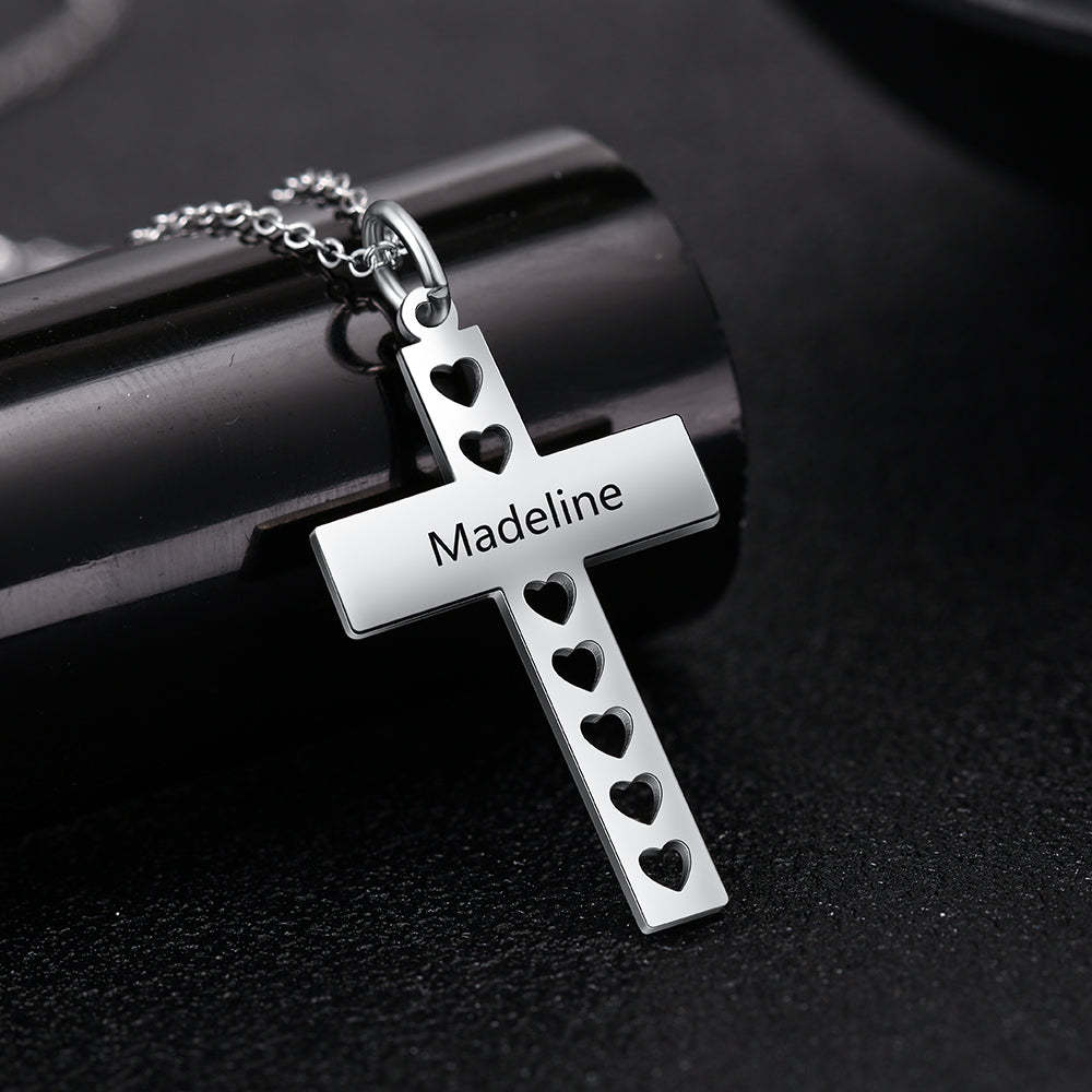 Personalized Stainless Steel Engraved Pendant Necklace - Engrave Special Note - Cross Pendant with Hollow out Heart-Personalized Jewels