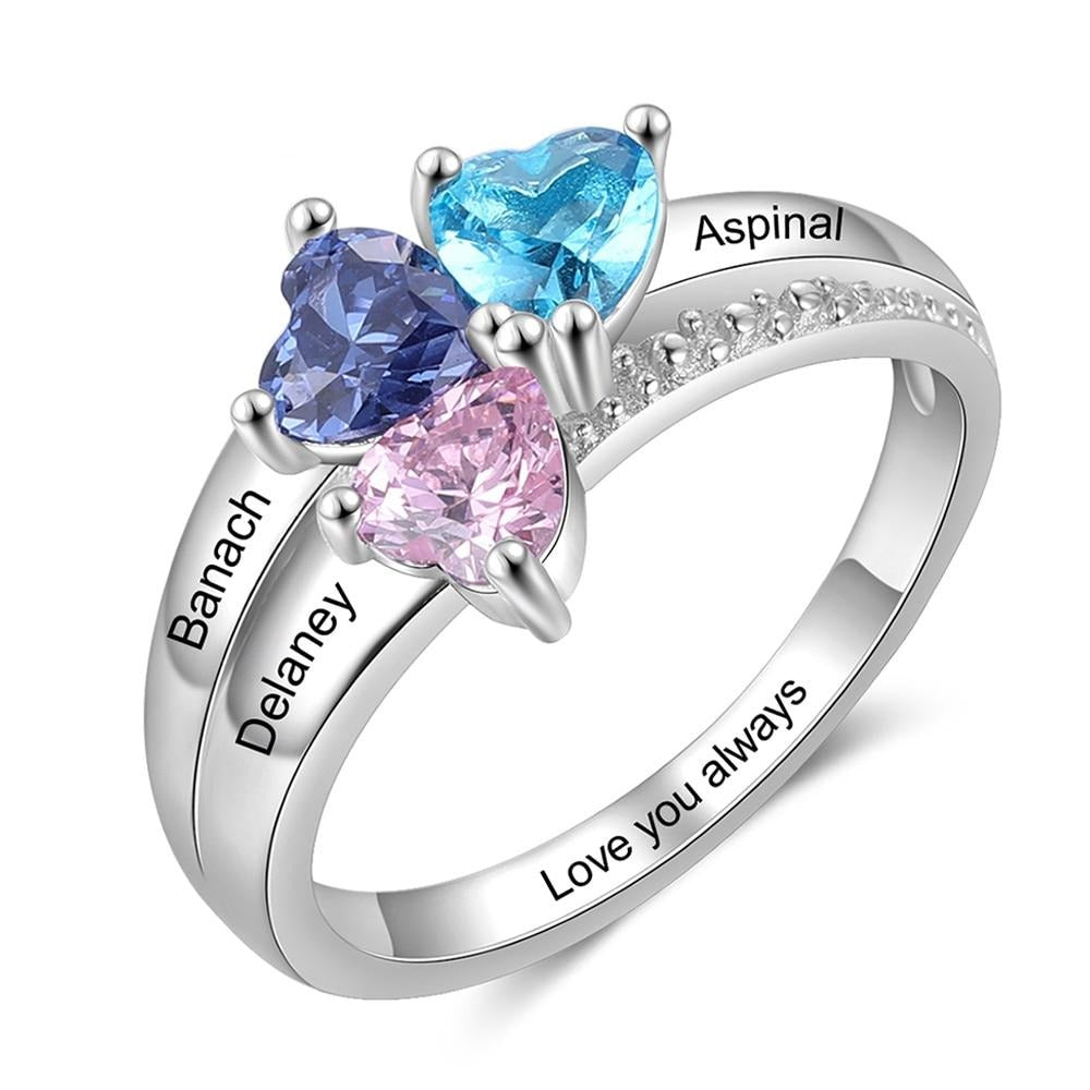 Customized Name Engraved Mother's Ring with 3 Heart Birthstones Women-Personalized Jewels