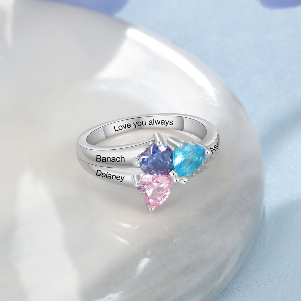 Customized Name Engraved Mother's Ring with 3 Heart Birthstones Women-Personalized Jewels