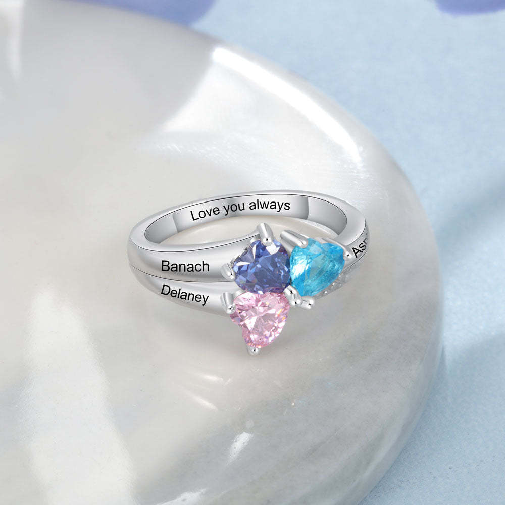 Customized Name Engraved Mother's Ring with 3 Heart Birthstones Women-Personalized Jewels