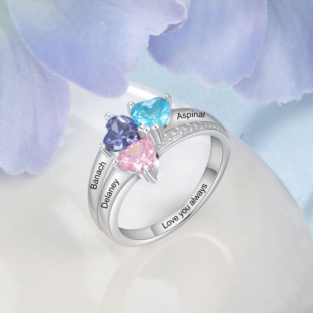 Customized Name Engraved Mother's Ring with 3 Heart Birthstones Women-Personalized Jewels