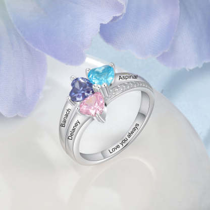 Customized Name Engraved Mother's Ring with 3 Heart Birthstones Women-Personalized Jewels