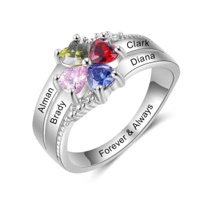 Customized Family Names Mother's Ring with 4 Heart Birthstones-Personalized Jewels