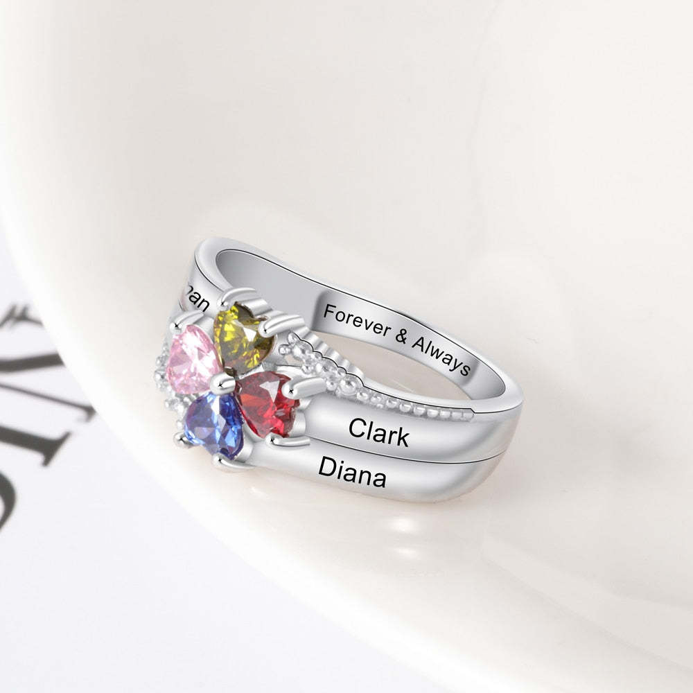 Customized Family Names Mother's Ring with 4 Heart Birthstones-Personalized Jewels