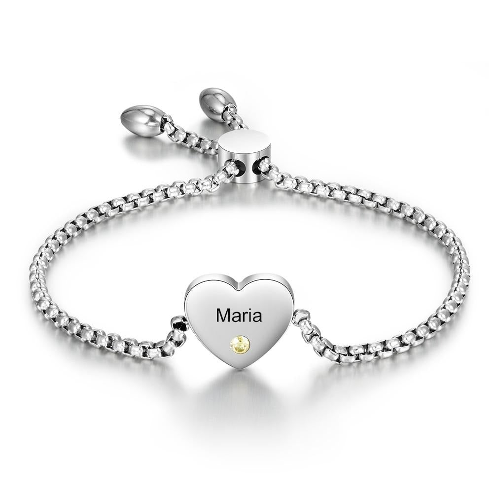 Engraved Name Heart Charm with Birthstone Adjustable Chain Bracelet for Women Custom Jewelry-Personalized Jewels