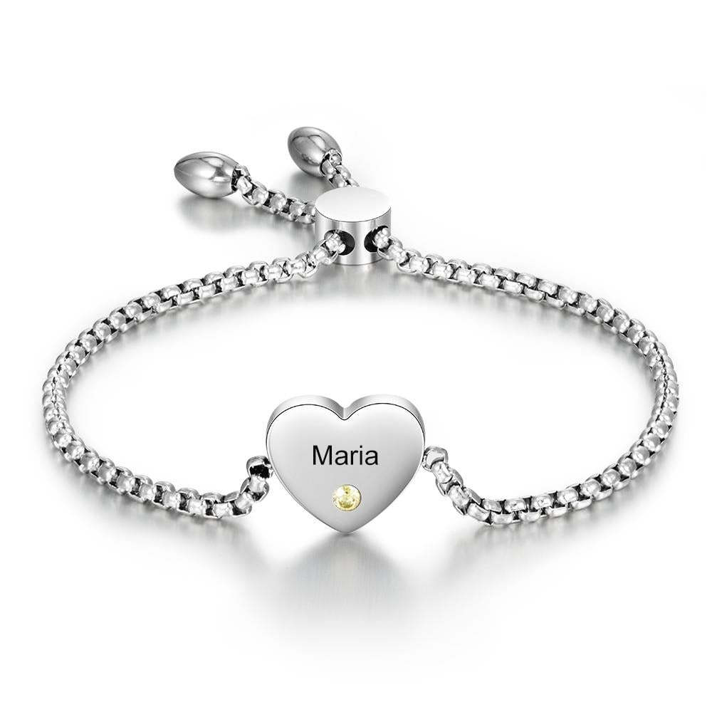 Engraved Name Heart Charm with Birthstone Adjustable Chain Bracelet for Women Custom Jewelry-Personalized Jewels