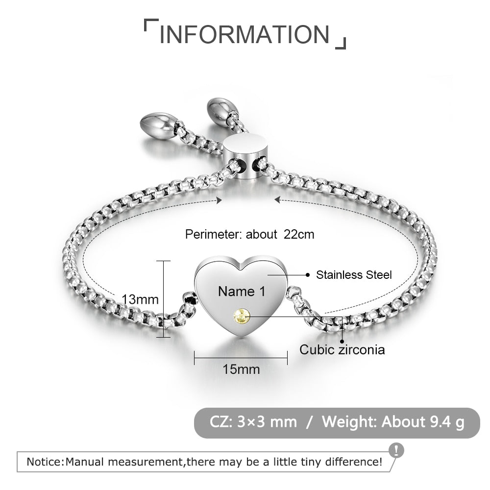 Engraved Name Heart Charm with Birthstone Adjustable Chain Bracelet for Women Custom Jewelry-Personalized Jewels