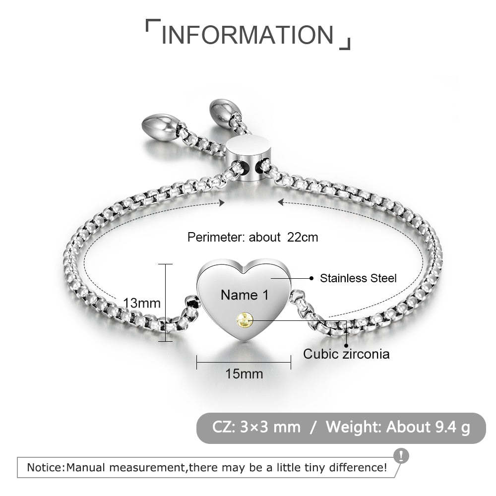 Engraved Name Heart Charm with Birthstone Adjustable Chain Bracelet for Women Custom Jewelry-Personalized Jewels
