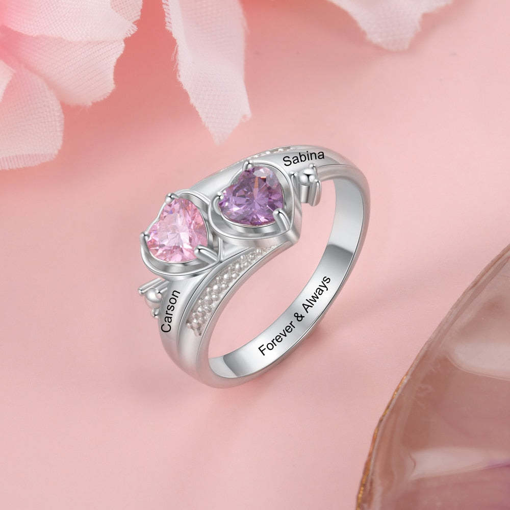 Personalized Name Engraved Heart Birthstone Promise Ring for Women-Personalized Jewels
