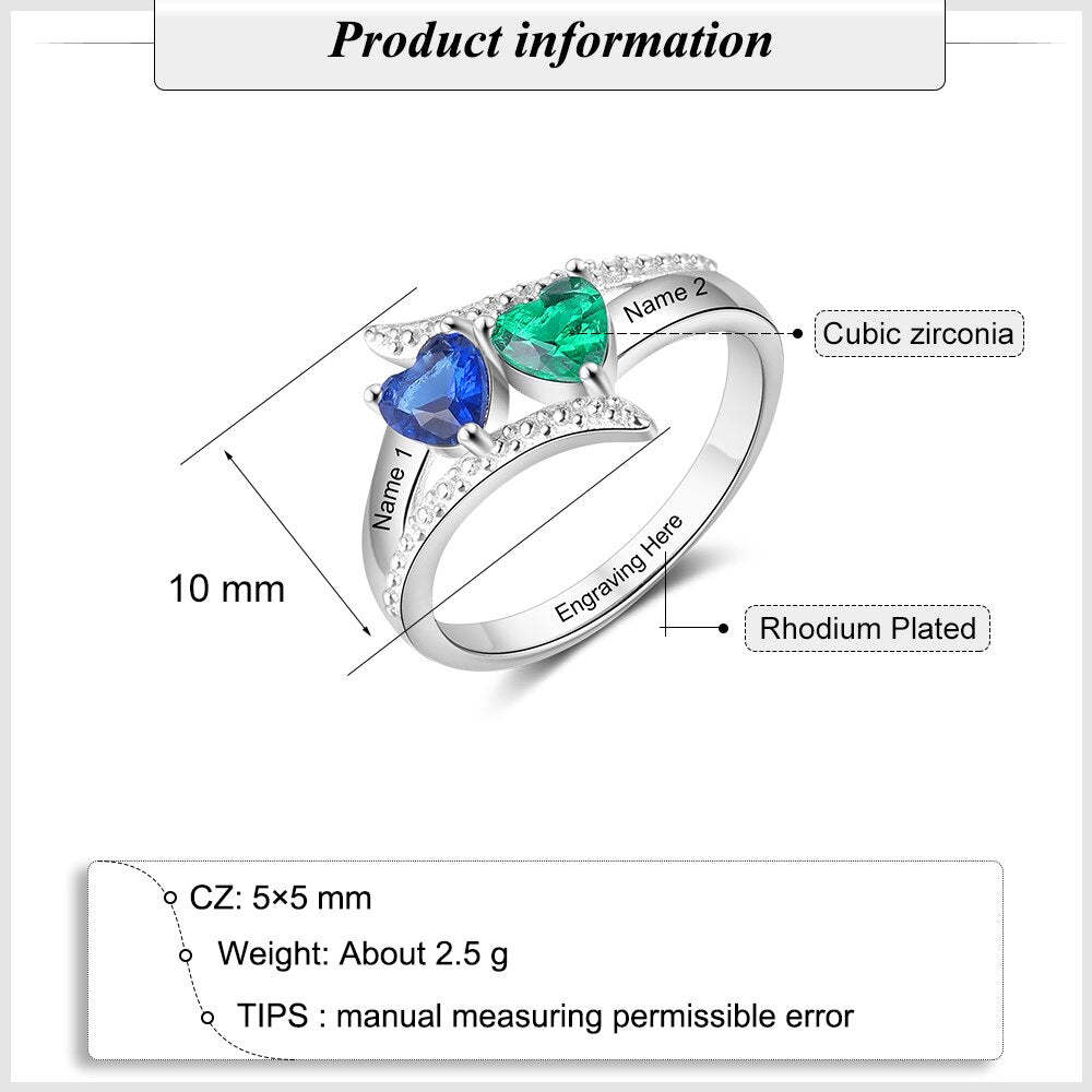 Personalized Name Engrave Custom Ring with Heart Birthstone Gift for Women-Personalized Jewels