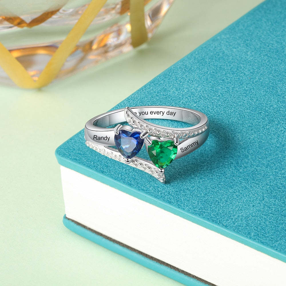 Personalized Name Engrave Custom Ring with Heart Birthstone Gift for Women-Personalized Jewels
