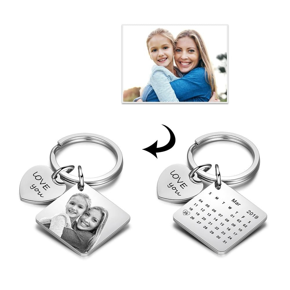 Personalized Photo Stainless Steel Custom Name & Date Engraved Calendar Keychain-Personalized Jewels