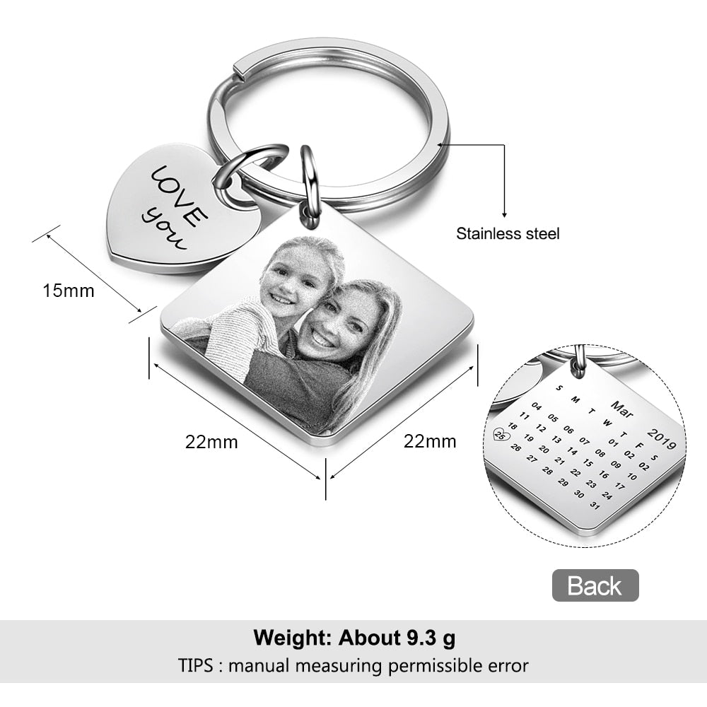 Personalized Photo Stainless Steel Custom Name & Date Engraved Calendar Keychain-Personalized Jewels