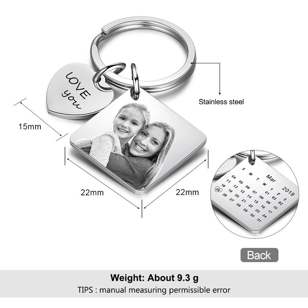 Personalized Photo Stainless Steel Custom Name & Date Engraved Calendar Keychain-Personalized Jewels