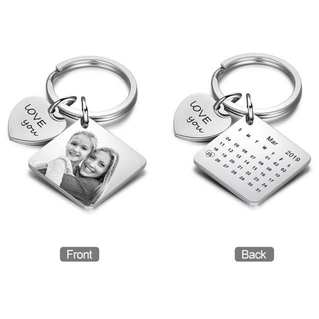Personalized Photo Stainless Steel Custom Name & Date Engraved Calendar Keychain-Personalized Jewels