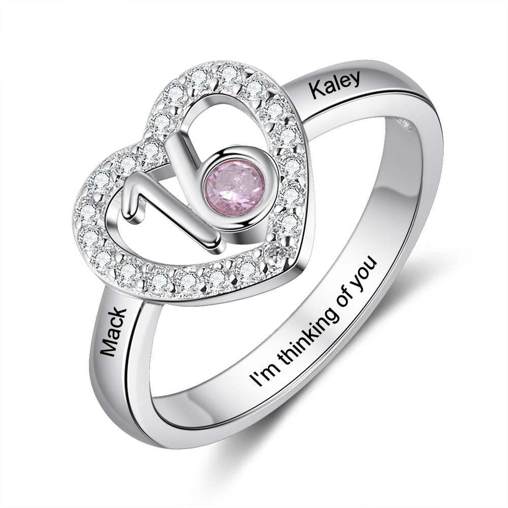 Personalized 2 Engraved Name Ring with Zirconia Birthstone Heart Ring-Personalized Jewels