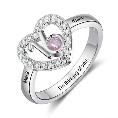 Personalized 2 Engraved Name Ring with Zirconia Birthstone Heart Ring-Personalized Jewels